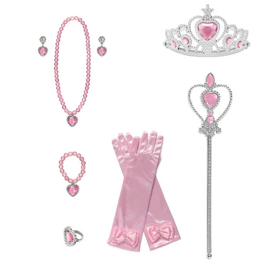 VOGUEON Girls Belle Sofia Elsa Aurora Princess Accessories Magic Wand Crown Necklace Gloves Rings Earrings Set Children Dress UP