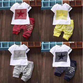 

2019 Spring Summer New Baby Girl Boy Clothes 'Five-Pointed Star' Print Shirt+Plaid Pant Set 6-24M