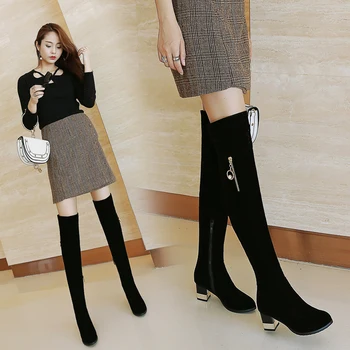

Drop Ship New Boots For Women High Heels Thigh High Boots Black Long Suede Keep Warm Winter Prom Motorcycle Boots Women's Shoes