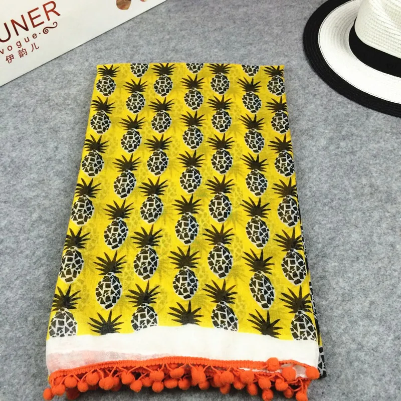 

2015 Women Pineapple Printed Pompon Trim Scarf Women Cotton Voile Scarf Wholesale 5pcs/lot