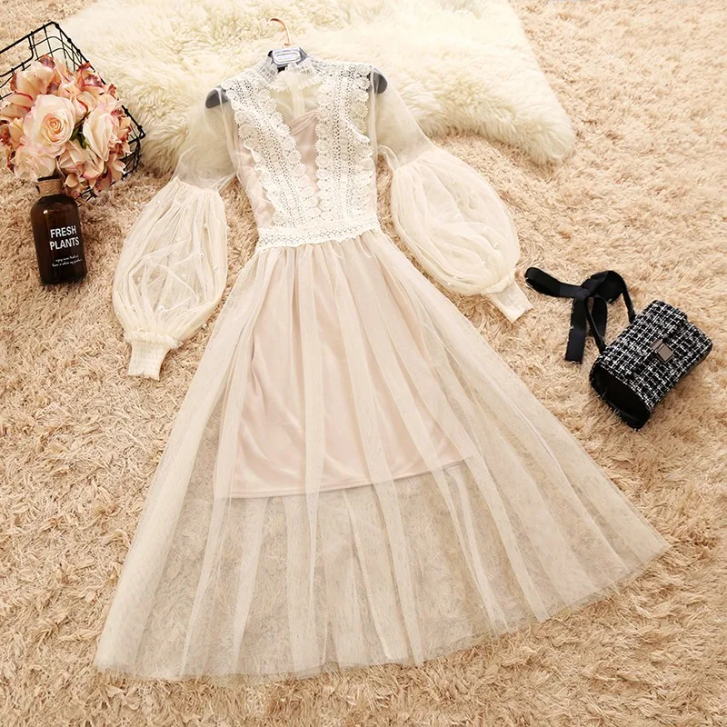 

2018 Autumn new female sweet beading gauze stitching lace pleated dress women's waist slim mesh full dresses 2 piece sets