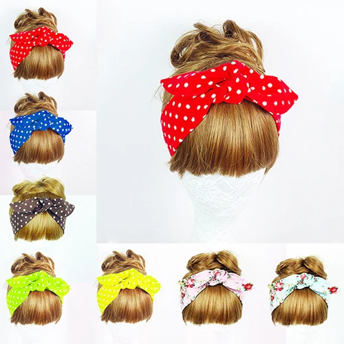 

Fashion Women Floral Print Polka Dot Turban Knotted Head Warp Headband Hair Band