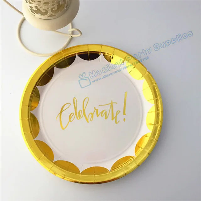 120pcs Gold Foil Celebrate Paper Plates Metallic Gold Edge Paper Plates