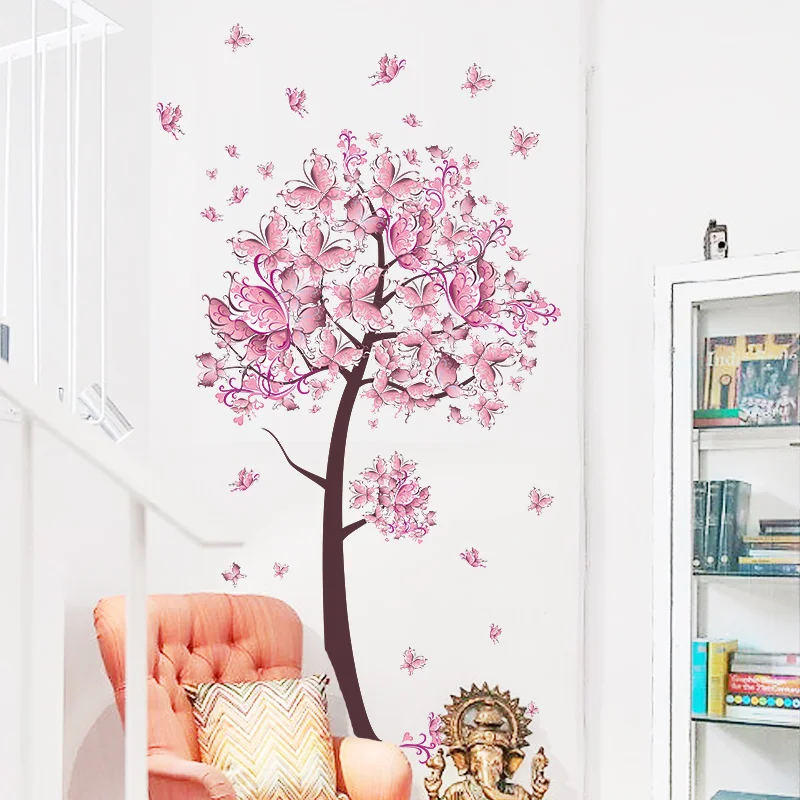 Image Pink butterfly  flowerTree Wall Stickers Decals Girls Women Flower Mural Vinyl Wallpaper Home Living Room Bedroom Decor