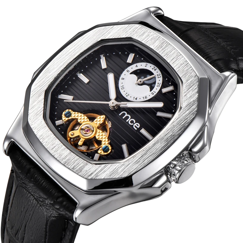 

MCE logo brand genuine leather strap automatic movt tourbillon watch for men
