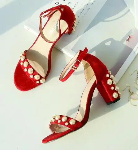 

2017 New Fashion Thick Heels Woman Sandal Red Suede Ankle Strap high Heel Sandal open toe pearl embellished woman sandal
