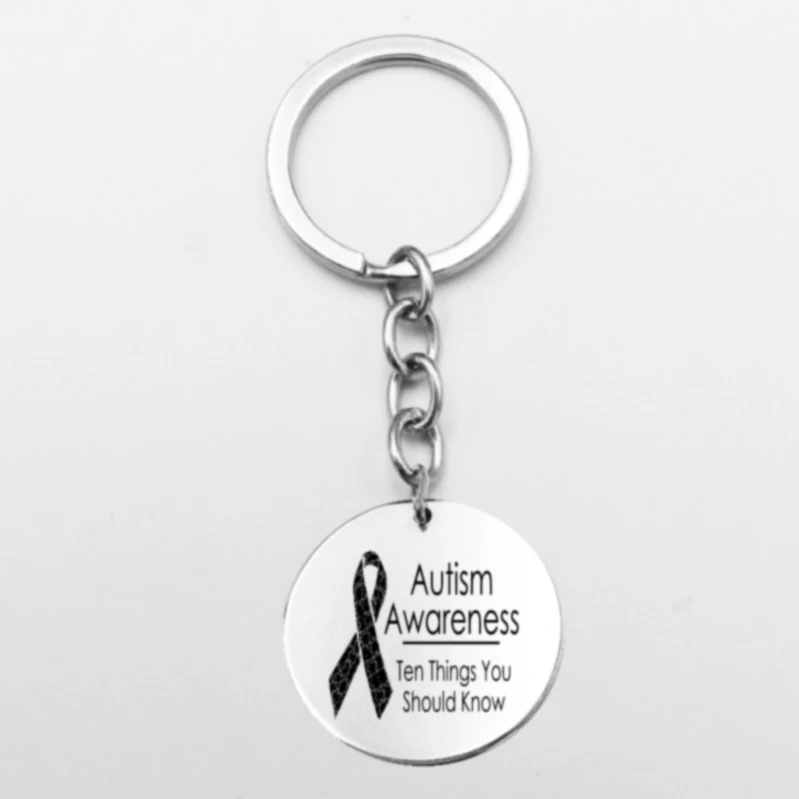 

Autism Awareness Identification Keychain Military Round Style Puzzle Piece Pattern With Stainless Steel Key Ring Key HolderGift