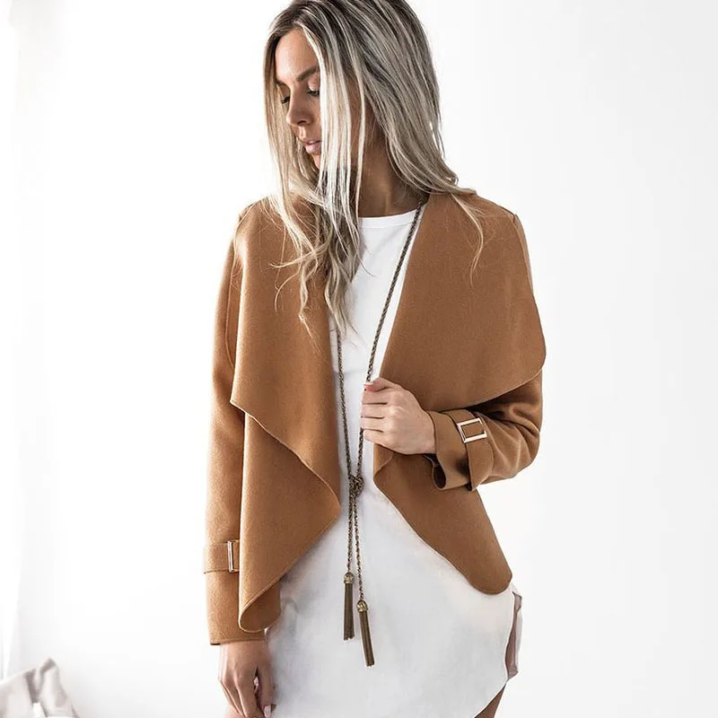 Lacontrie 2017 Autumn Winter Fashion Women Jacket Slim Open Stitch Polyester Turn-down Collar Coat Solid-color Outwear 