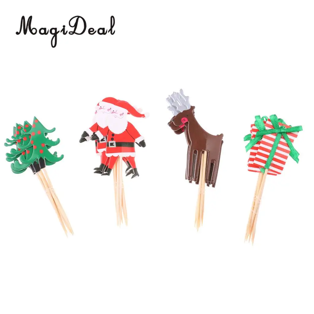 MagiDeal Pack of 24 Pieces Festival Cartoon Christmas Cupcake Picks Tree Santa Reindeer Box Cake Toppers Birthday Food Toothpick