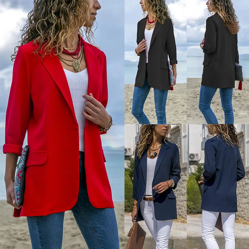 

Fashion Women Autumn Spring Long Sleeve Suit Jacket Blazer Solid Front Open Slim Coat
