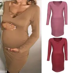 Осеннее хлопковое платье для беременных женское сексуальное плотное летнее платье с v-образным вырезом и длинными рукавами Ropa Premama