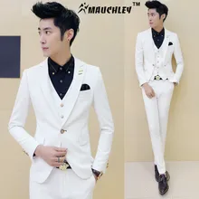 Мужские смокинги белого цвета с брюками 3 шт./компл.(куртка+ жилет+ брюки) Свадебные костюмы для мужчин корейский дизайн в обтяжку костюм