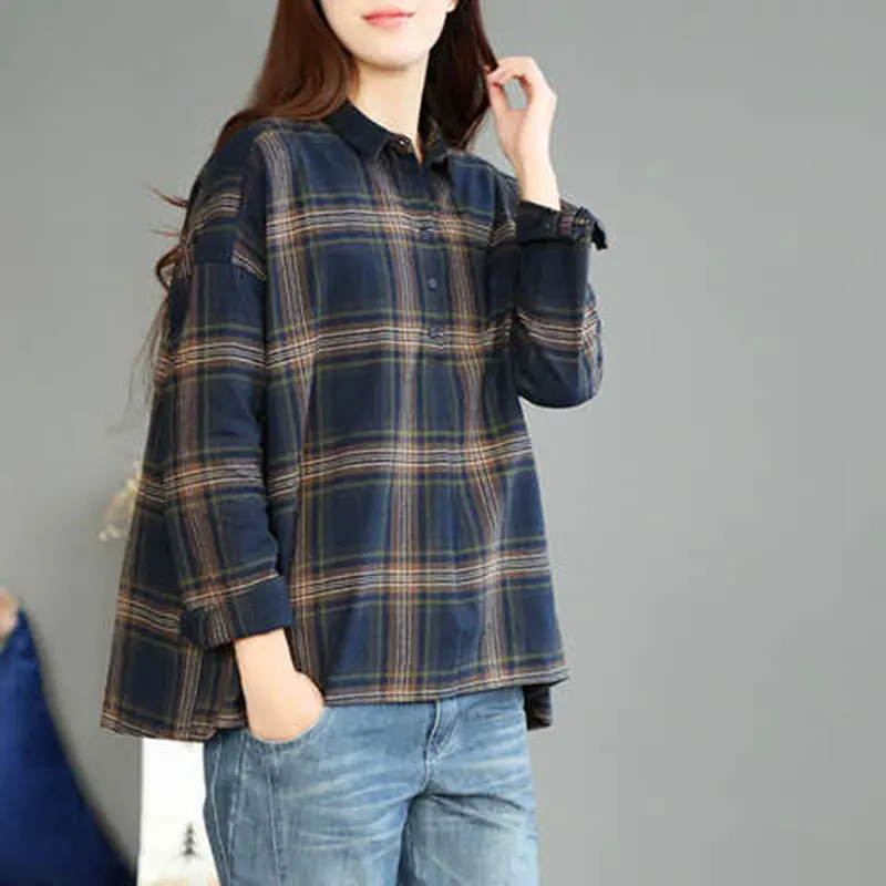  Spring Women Long Sleeve Plaid Shirt Korea Fashion Loose Turn-down Collar Shirts All-match Casual C