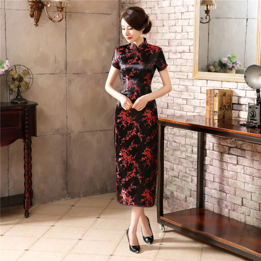 Китайское традиционное платье черного и красного цвета, женское шелковое атласное Cheongsam Qipao, Летнее Длинное платье с коротким рукавом и цветочным рисунком, размеры s, m, l, xl, XXLNC039