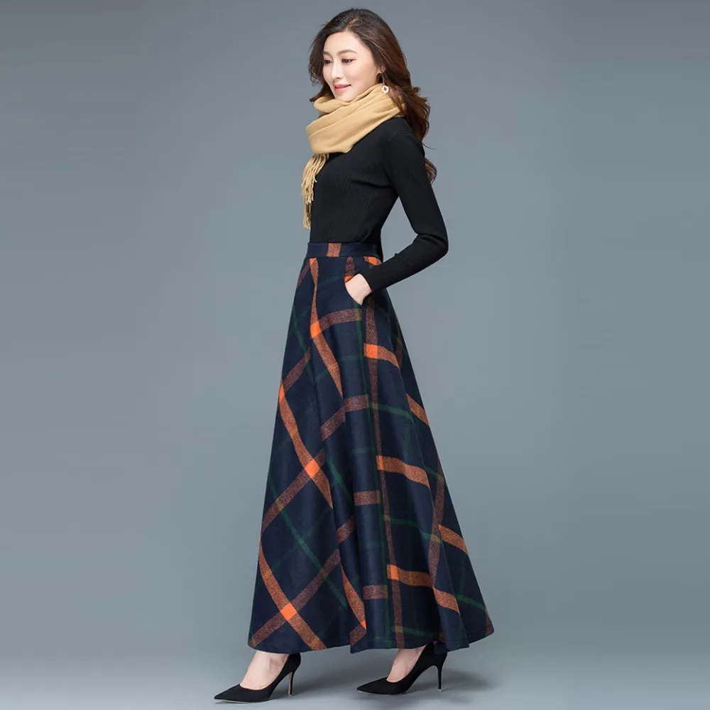 2019 Herfst En Winter Plus Size 6XL 5XL XXXXXL Wol A-lijn Plaid streep Maxi Rokken Vrouwen/vrouwelijke een lijn lange Rok falda