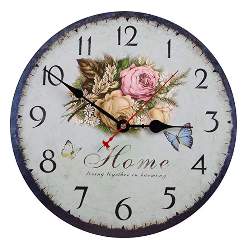 13 Inch European Country Style Wall Clock Retro Floral Print Battery