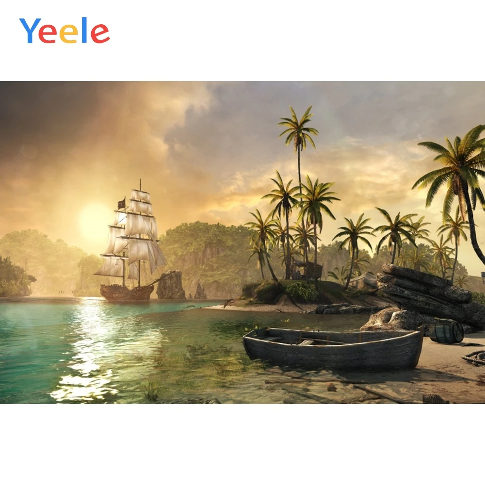 Yeele Sunset Dusk Seaside Ship Boat Palm Tree Old Photography Backgrounds Customized Photographic Backdrops for Photo Studio | Электроника