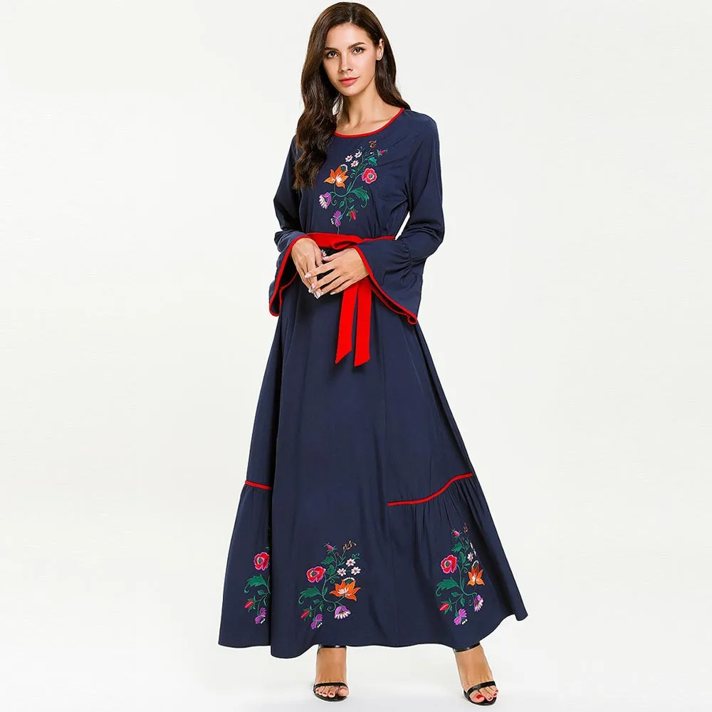 4XL Цветочная вышивка Ближний Восток женское мусульманское платье халат Исламская мусульманская абайя Ближний Восток длинное платье jilbabe Femme Musulman - Цвет: Синий