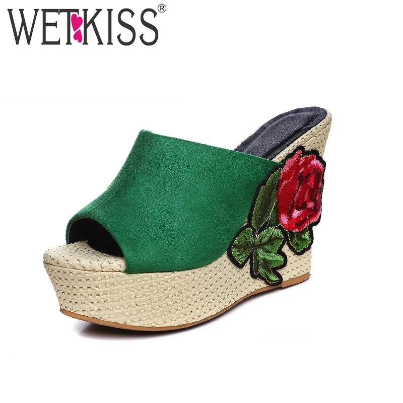 

WETKISS High Heels Slippers Women Peep Toe Embroider Wedges Straw Weave Platform Footwear 2018 Summer Outside Slides Mules Shoes