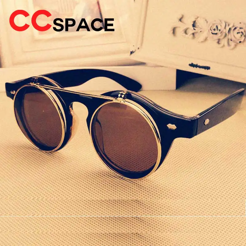 

CCspace Steampunk Sunglasses Style Retro Flip Circular Double Metal Sun Glasses Double Lens Vintage Uv400 Oculos Gafas De Sol