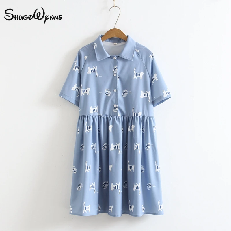 

Japanese Style Kawaii Cat Print Loose Turn-down Collar Short Sleeve Chiffon Dress Mori Girl 2019 Summer Women Cute Casual Dress