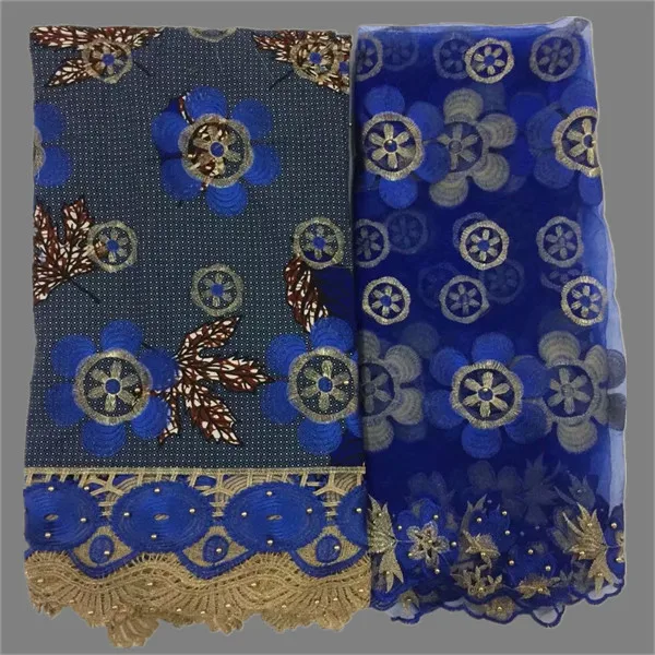 

Wonderful blue embroidery African real batik wax lace fabric(6y) and 2y French net lace fabric for party dress WNL24