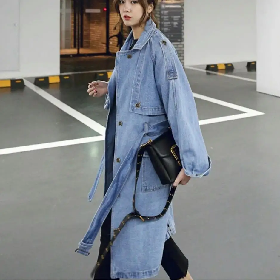 Осенний женский джинсовый Тренч с длинными рукавами, повседневное модное женское джинсовое пальто, Тонкий джинсовый Тренч