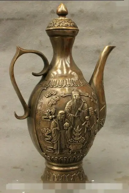 

S6858 13" China Bronze Copper 3 Longevity God Fu Lu Shou Life Statue Teapots Wine Pot D0318