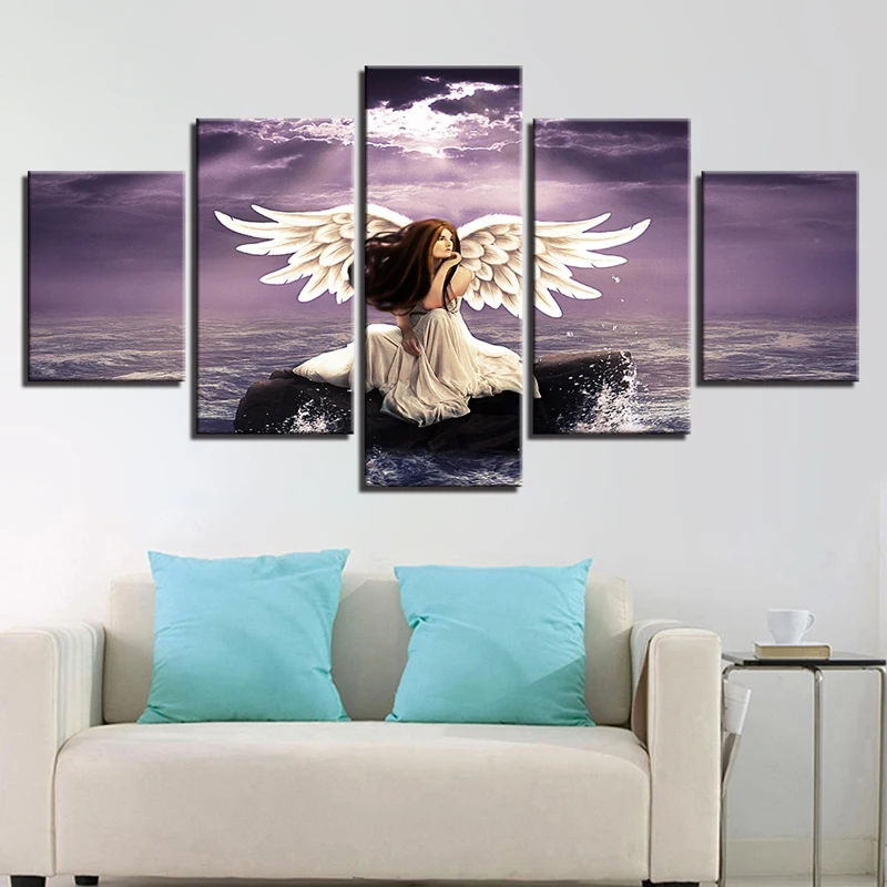 Printing-Scenery-Canvas-Pictures-Decor-Modern-Wall-5-Pieces-Girl-Angel-Wings-And-Sea-Water-Painting (1)