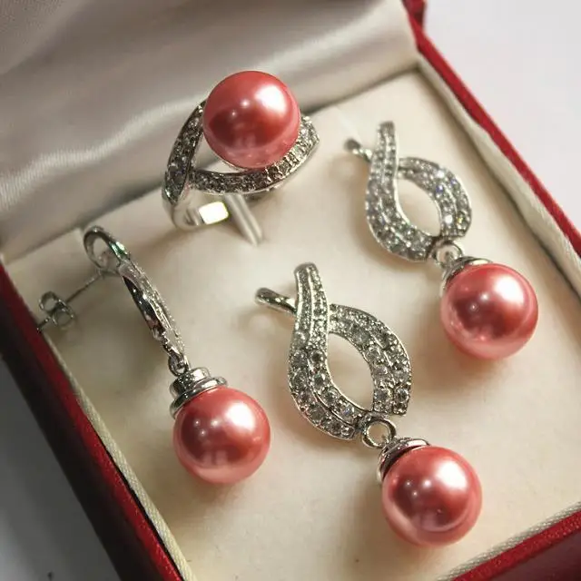 

Hot! noble new jewelry silver plated + 12mm salmon pink shell pearl pendant, earring, , ring set