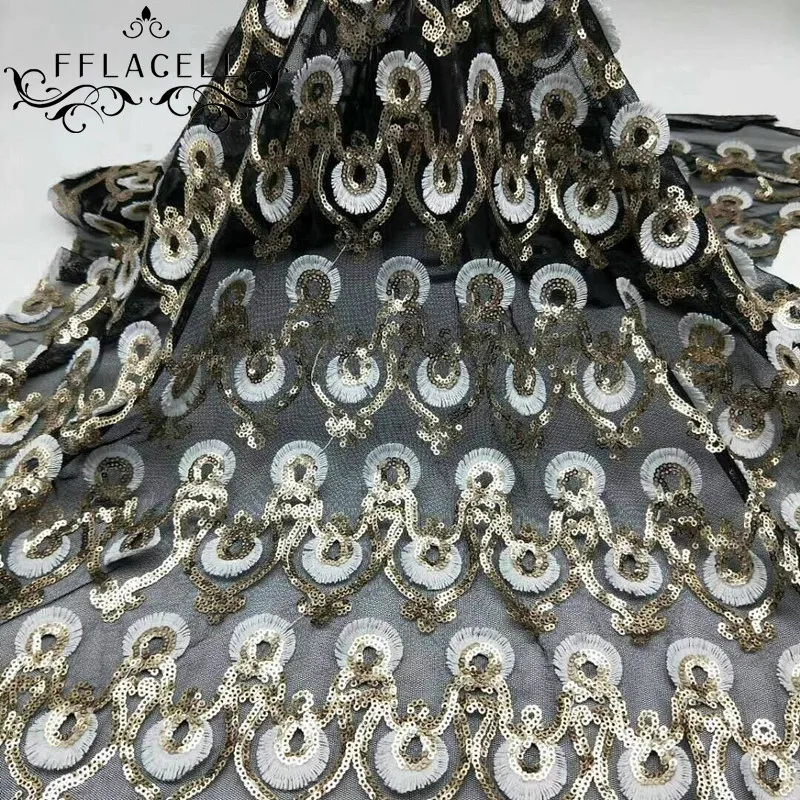 

FFLACELL 1 Meter High Quality African Lace Fabric Net Embroidery Sequins Tulle Lace Fabric For Nigerian party Dress With 130cm