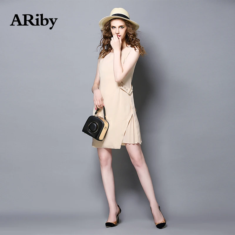 Women Dress ARiby 2019 Summer New Fashion Office Lady Simple Solid Pleated Stitching Sleeveless O-Neck Sashes Slim Mini Dresses