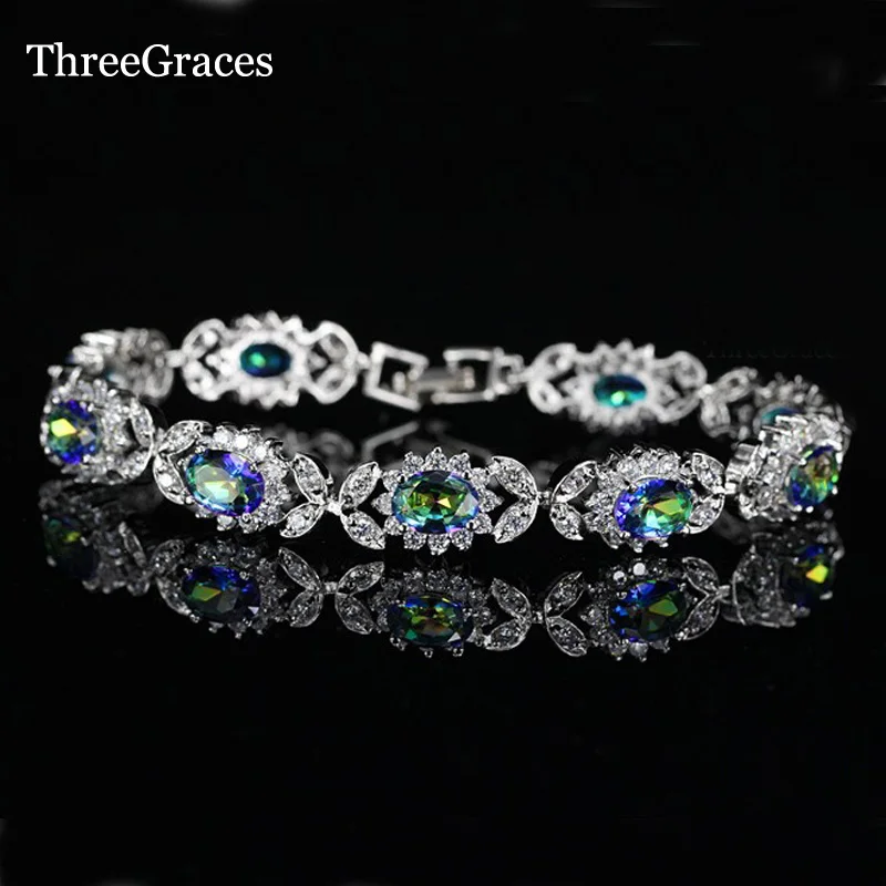 

ThreeGraces Luxury Silver 925 Jewelry CZ Stone Pave Light Blue Rainbow Mystic Crystal Flower Bracelets Bangles For Women BR073
