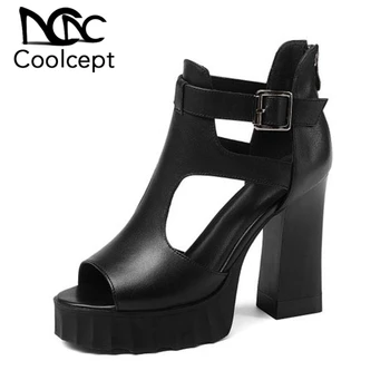

CoolCept Brand Real Leather Women Sandals Summer Breathable Open Toe High Heels Shoes Office Ladies Daily Footwear Size 34-39