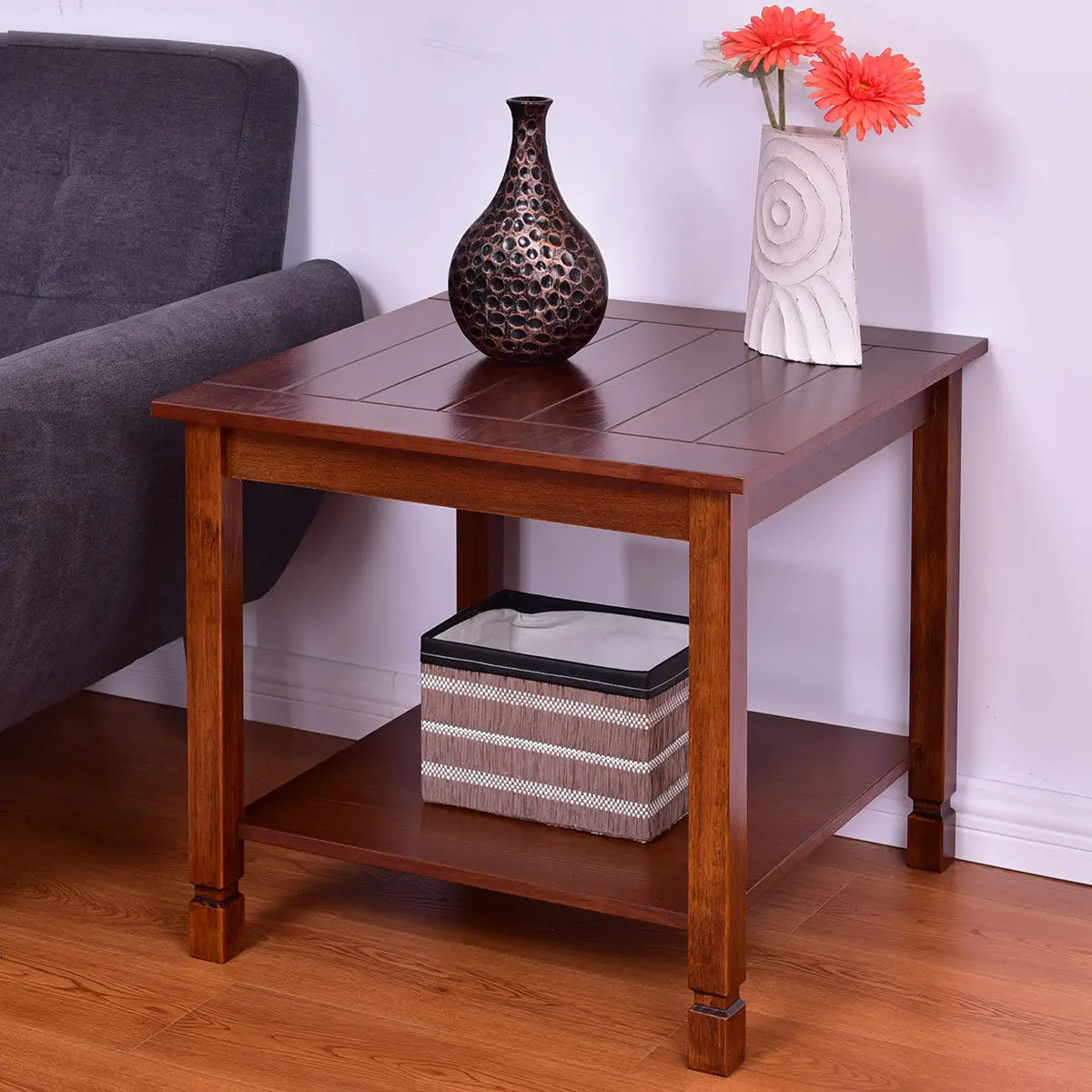 Giantex Wood Side Table Living Room End Table Night Stand Coffee Table with Storage Shelf Walnut Wood Furniture HW56279