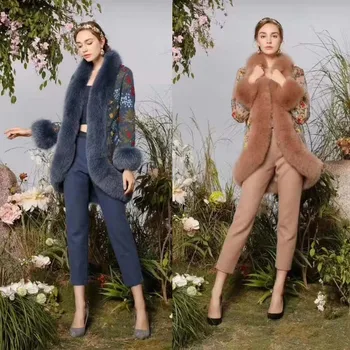 

High quality embroidery wool coat female fashion splice fur abrigo mujer high-end atmosphere abrigos mujer elegante vadim women