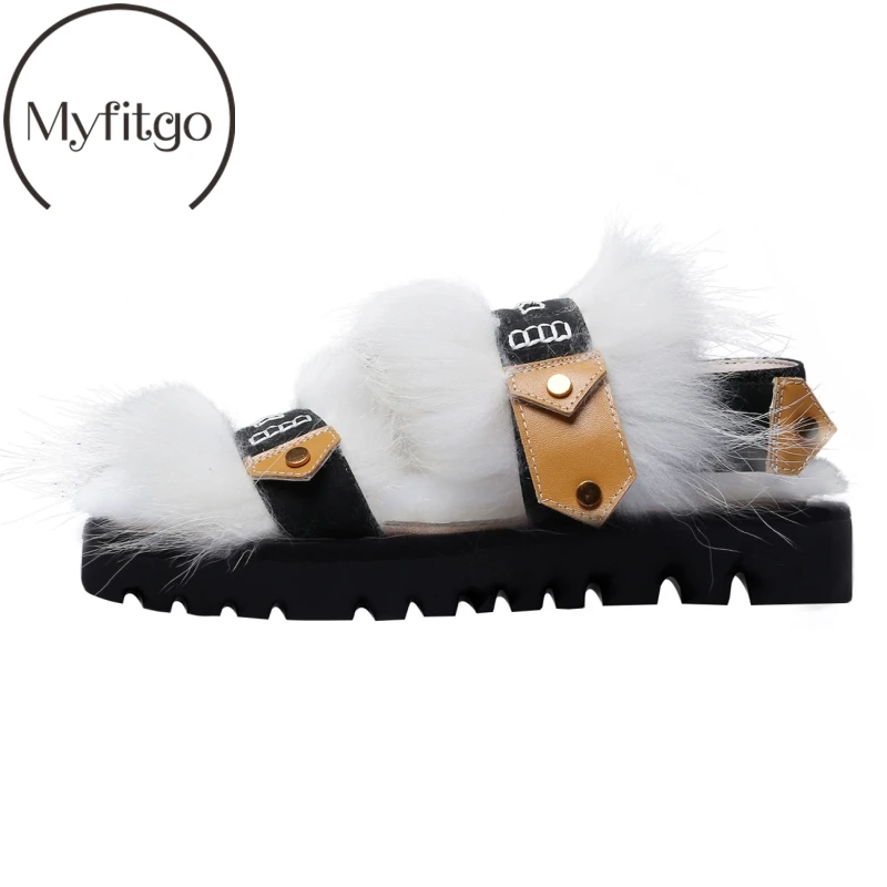 

Myfitgo All Seasons Women Slides Racoon hair Sheepskin Slippers Slip on Fur Shoes Flat Mules Lady Casual Outside Furry Slides