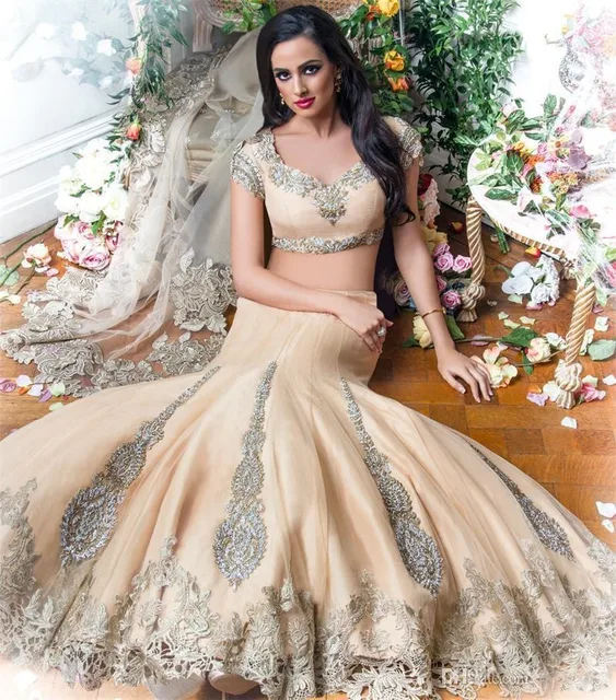 de lujo de dos piezas indio vestidos de novia Árabe 2017 champagne