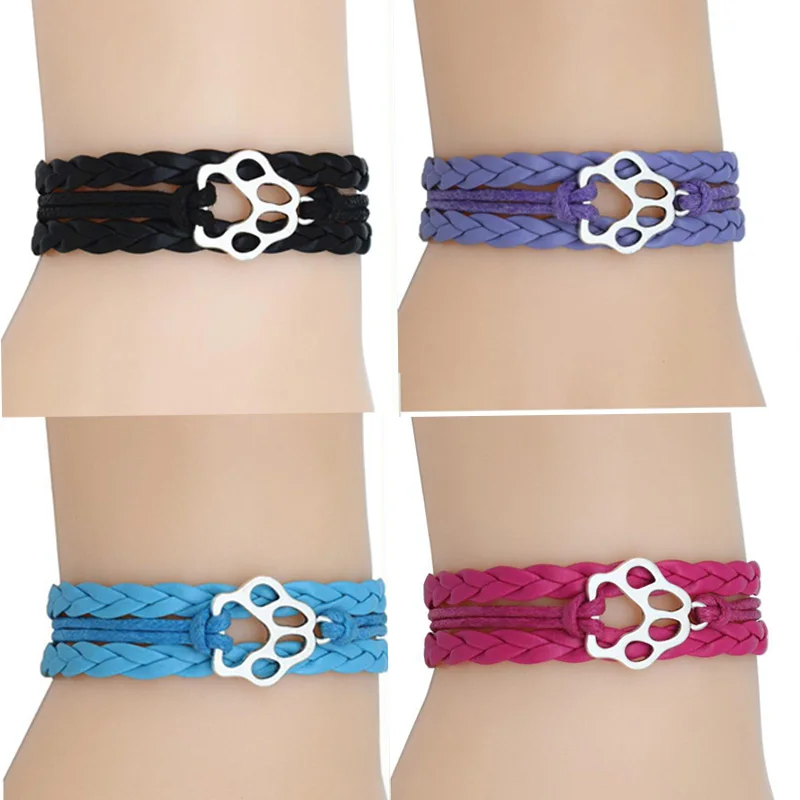 

10PC/Lot Sliver Paw Charm Wrap Braid Bracelets Dog Paw Print Bracelet Multilayer Stacking Leather Women & Men Bracelets Jewelry