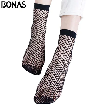 

BONAS Cheap Fishnet Short Socks Women Summer Invisible Black Nylon Mesh Socks Female Solid Color Transparent Woman Socks