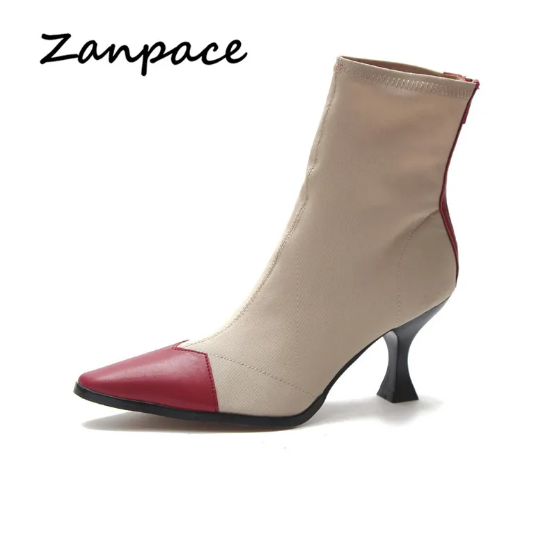 

Zanpace Women's Boots Pointed Toe Stretch Fabric Ankle Ladies Boots Winter Europe High Heels Shoes Woman Female Socks Boots