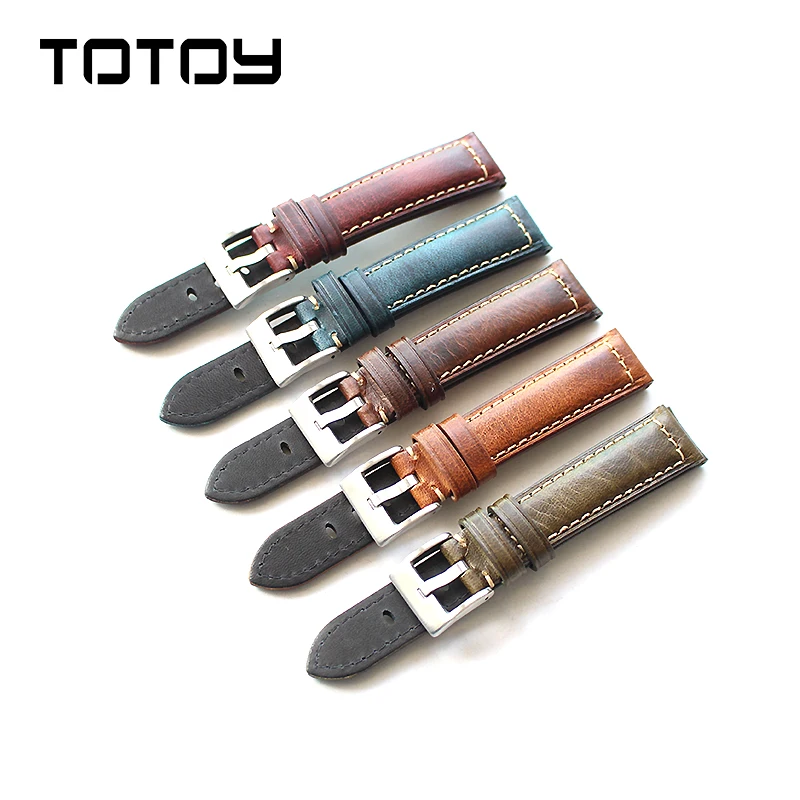 

TOTOY Handmade Italian Leather Watchbands, 18MM 20MM 22MM Retro Oily Gloss Watch Strap, Blue Green Red Brown Men Leather Strap