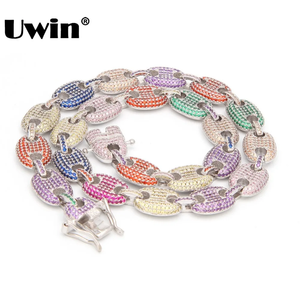 Collares Uwin 13mm para hombres/mujeres Puffed Marine Chain Fat Links Choker Hiphop Iced Out Colored Cubic Zircon joyería de moda - 1