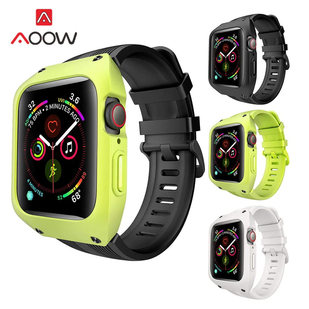 

Silicone Watchband with Case for iWatch Apple Watch Series 4 44mm Assembled Fall Resistance Protective Cover Bracelet Strap Band