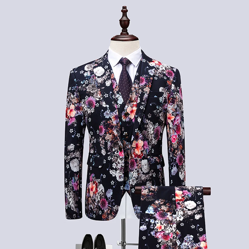 Классическое мужское платье с цветочным принтом, мужской костюм из трех предметов, приталенный мужской костюм для свадебной вечеринки, Мужской Блейзер, куртки, жилет, брюки, размер 6XL