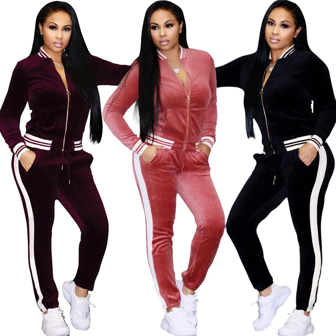 2PCS Tracksuit 2018 Women Velvet Fabrics Casual Zipper Velvet Women's