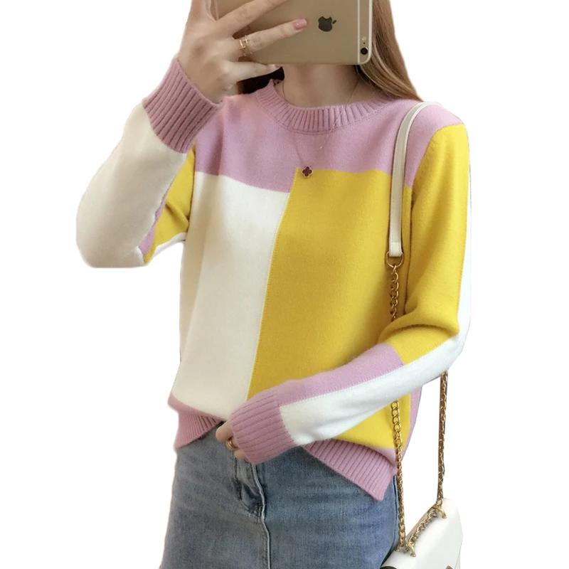 

Spring Autumn Women Sweater Pullover 2019 New Fashion Colorblock O-neck Loose Knit Bottom Sweater Large size Women Clothing 230