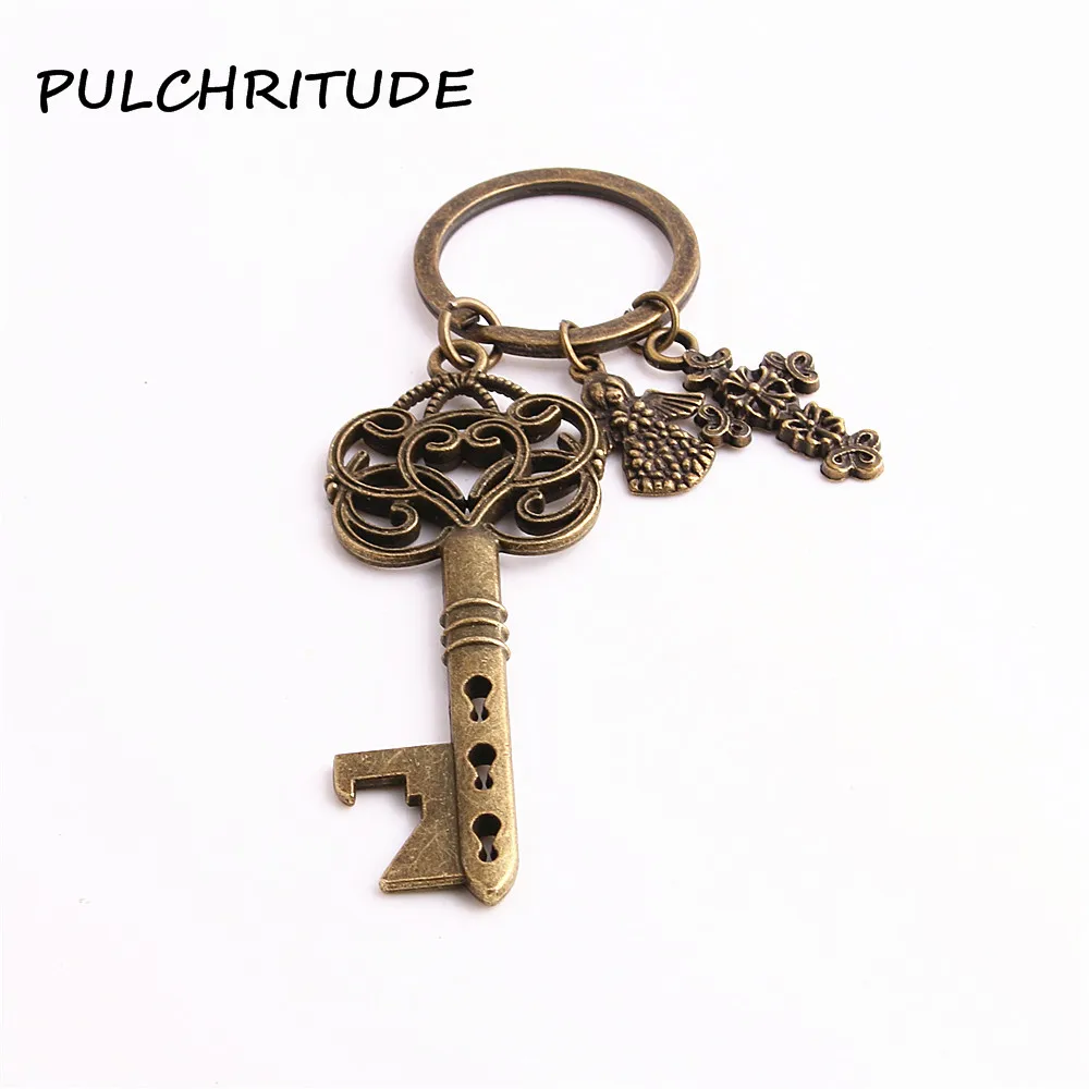 

PULCHRITUDE Metal Alloy Two Colors 2pcs Diy Key Chain Key Shape bottle opener Angel Cross Wings Charm Diy Jewelry Making C1662