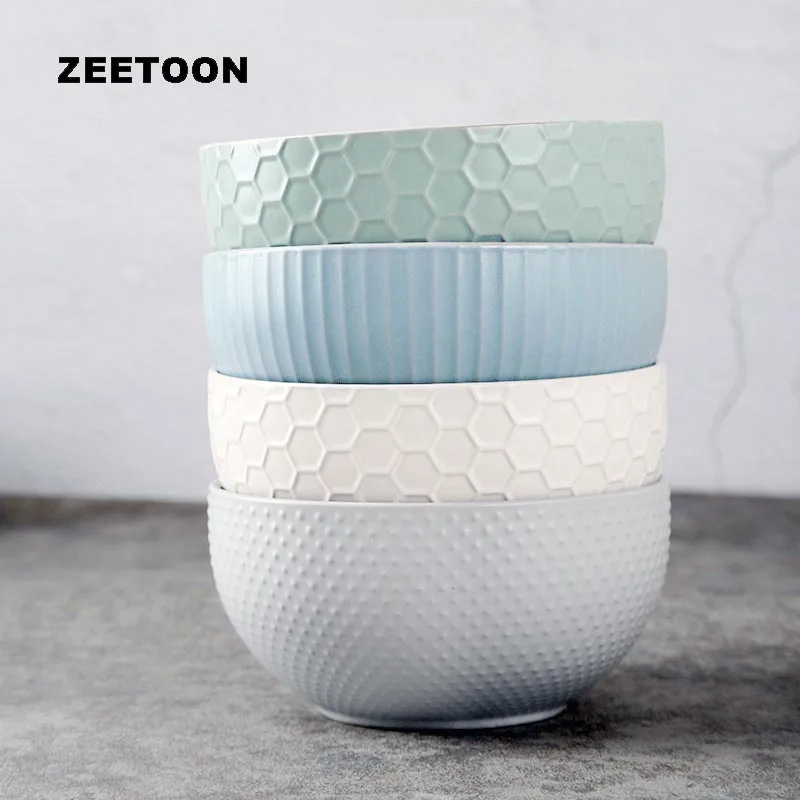 

1PCS 6/7 Inch Brief Rice Bowl Ceramic Porcelain Embossed Pattern Fruit Salad Dessert Bowls Big Soup Noodle Holder Tableware Art