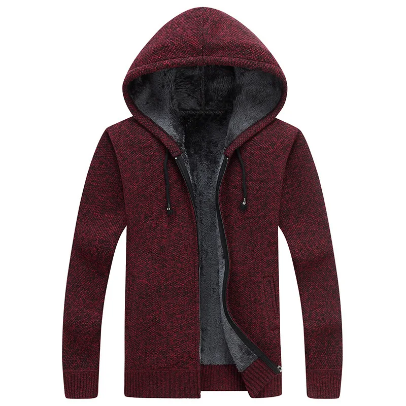 

Fleece and thick hooded sweater with zipper and fat and warm knit men's sweater